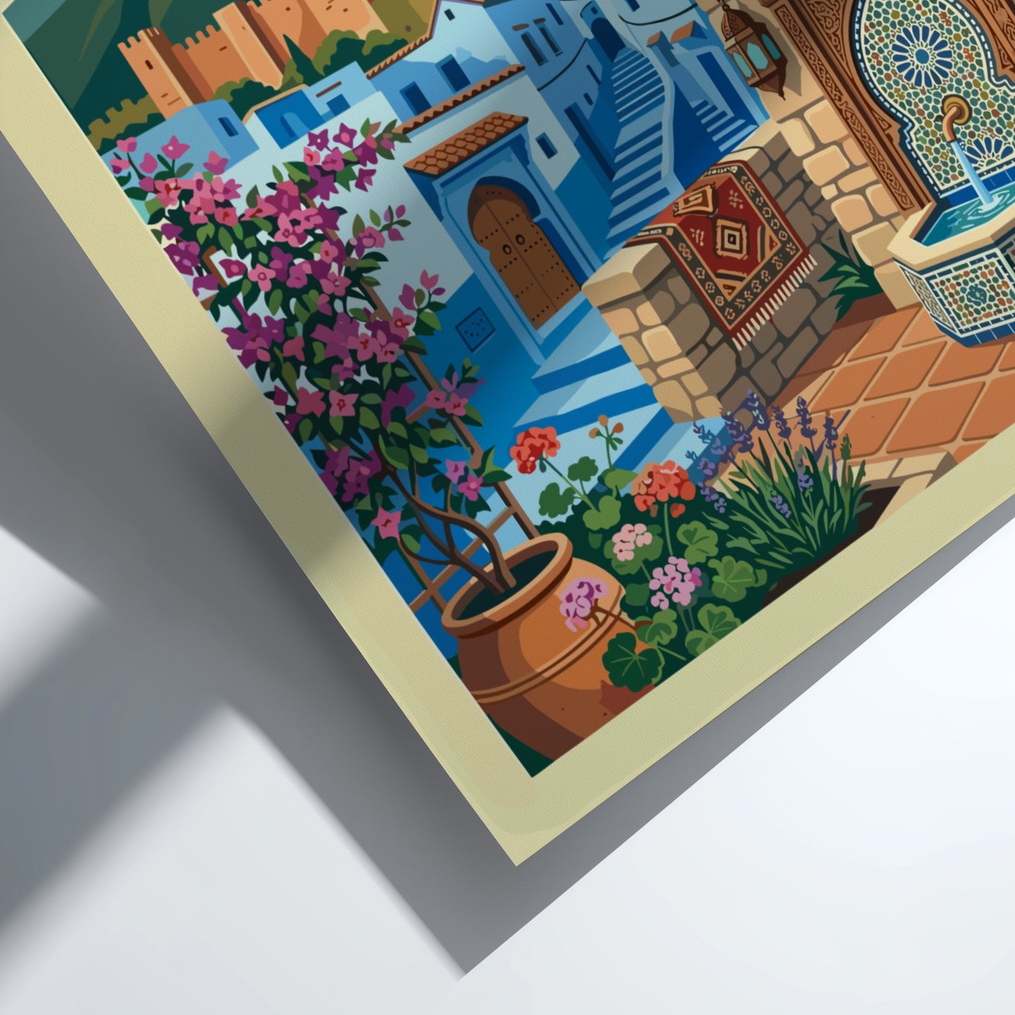 Chefchaouen Morocco travel poster featuring blue buildings, mountains, and a fountain. Stylized illustration.