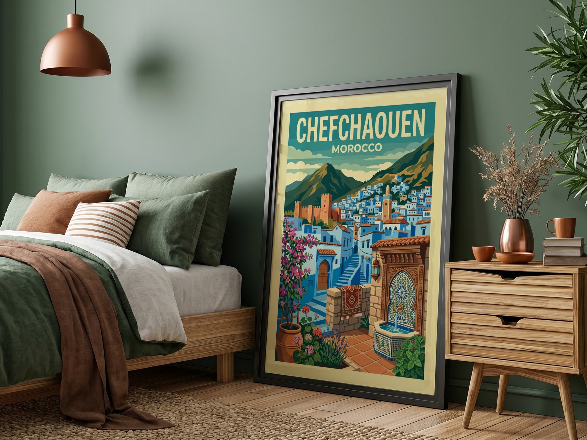 Chefchaouen Morocco travel poster featuring blue buildings, mountains, and a fountain. Stylized illustration.
