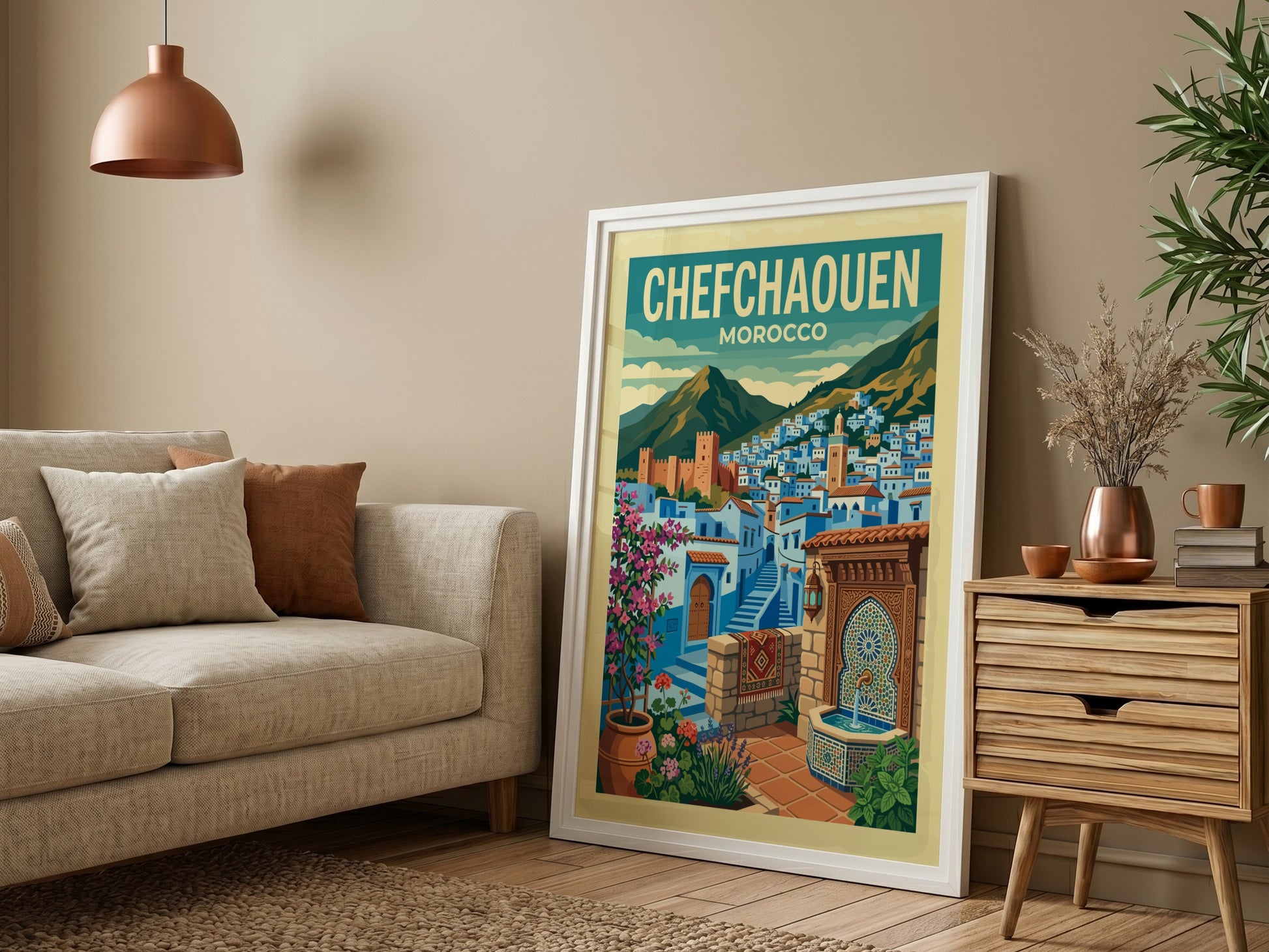 Chefchaouen Morocco travel poster featuring blue buildings, mountains, and a fountain. Stylized illustration.