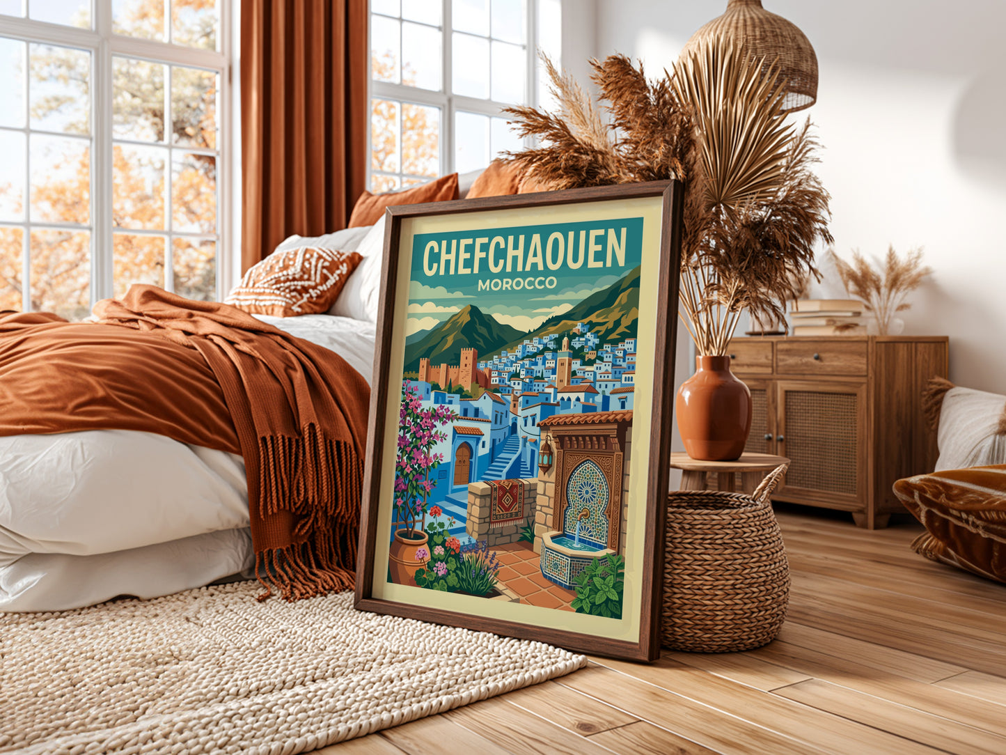 Chefchaouen Morocco travel poster featuring blue buildings, mountains, and a fountain. Stylized illustration.