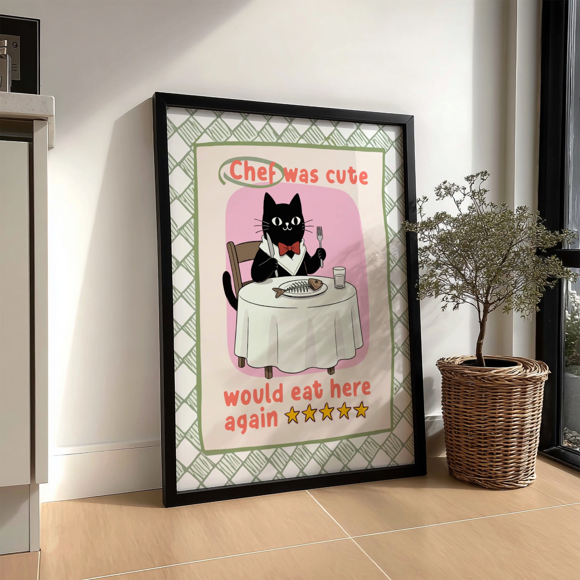 Chef Was Cute Poster - Black Cat in Chef Hat Wall Art Print