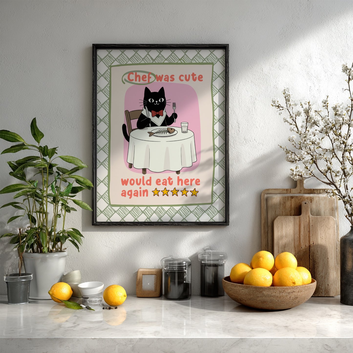 Chef Was Cute Poster - Black Cat in Chef Hat Wall Art Print