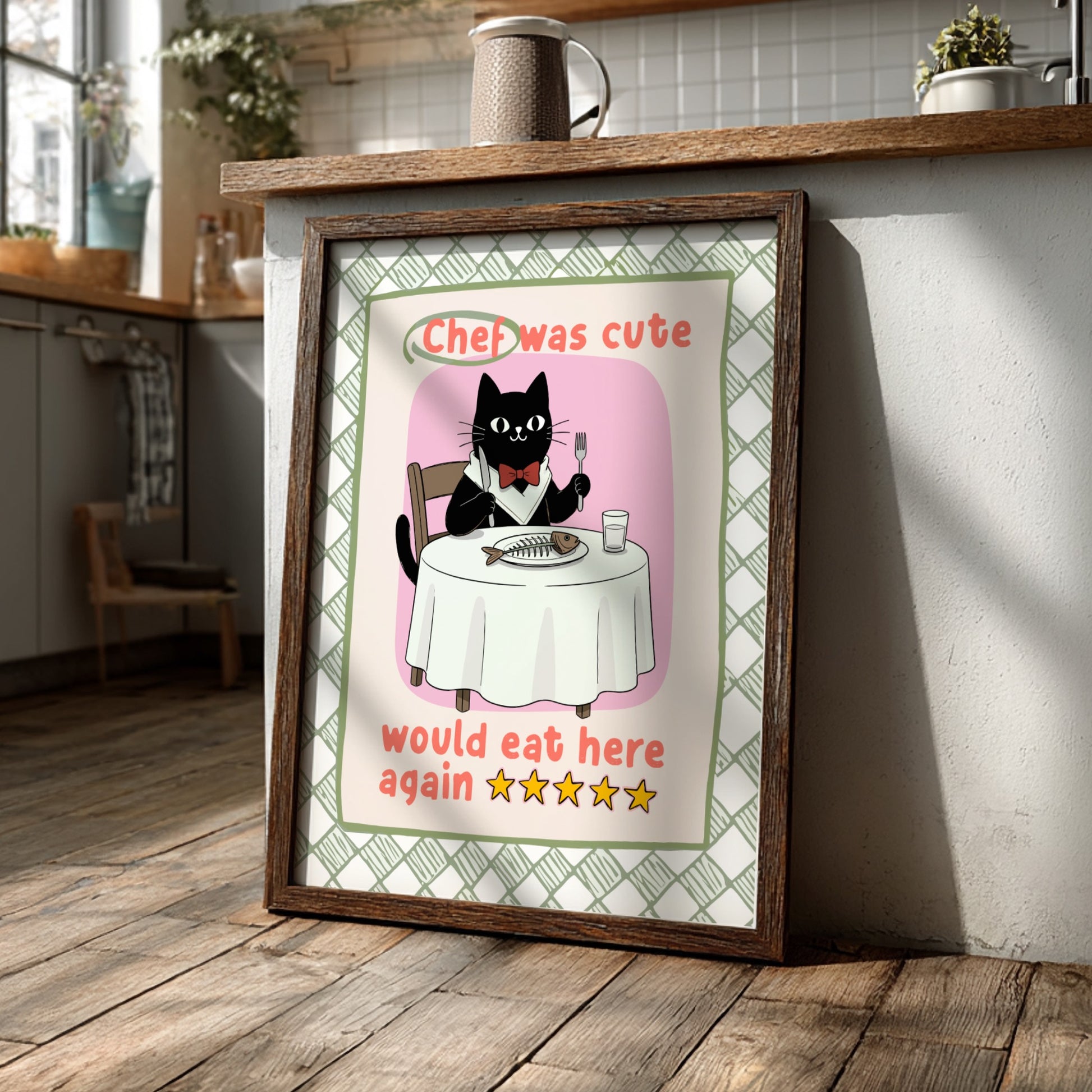 Chef Was Cute Poster - Black Cat in Chef Hat Wall Art Print