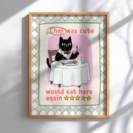 Chef Was Cute Poster - Black Cat in Chef Hat Wall Art Print