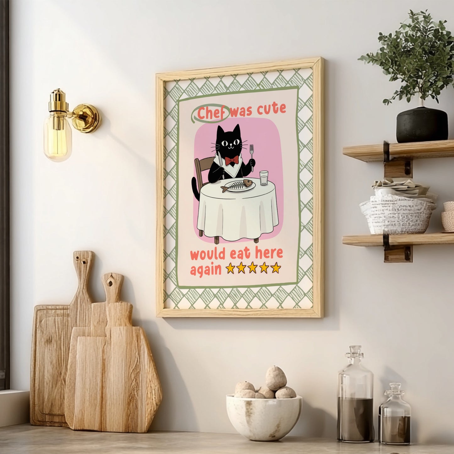 Chef Was Cute Poster - Black Cat in Chef Hat Wall Art Print