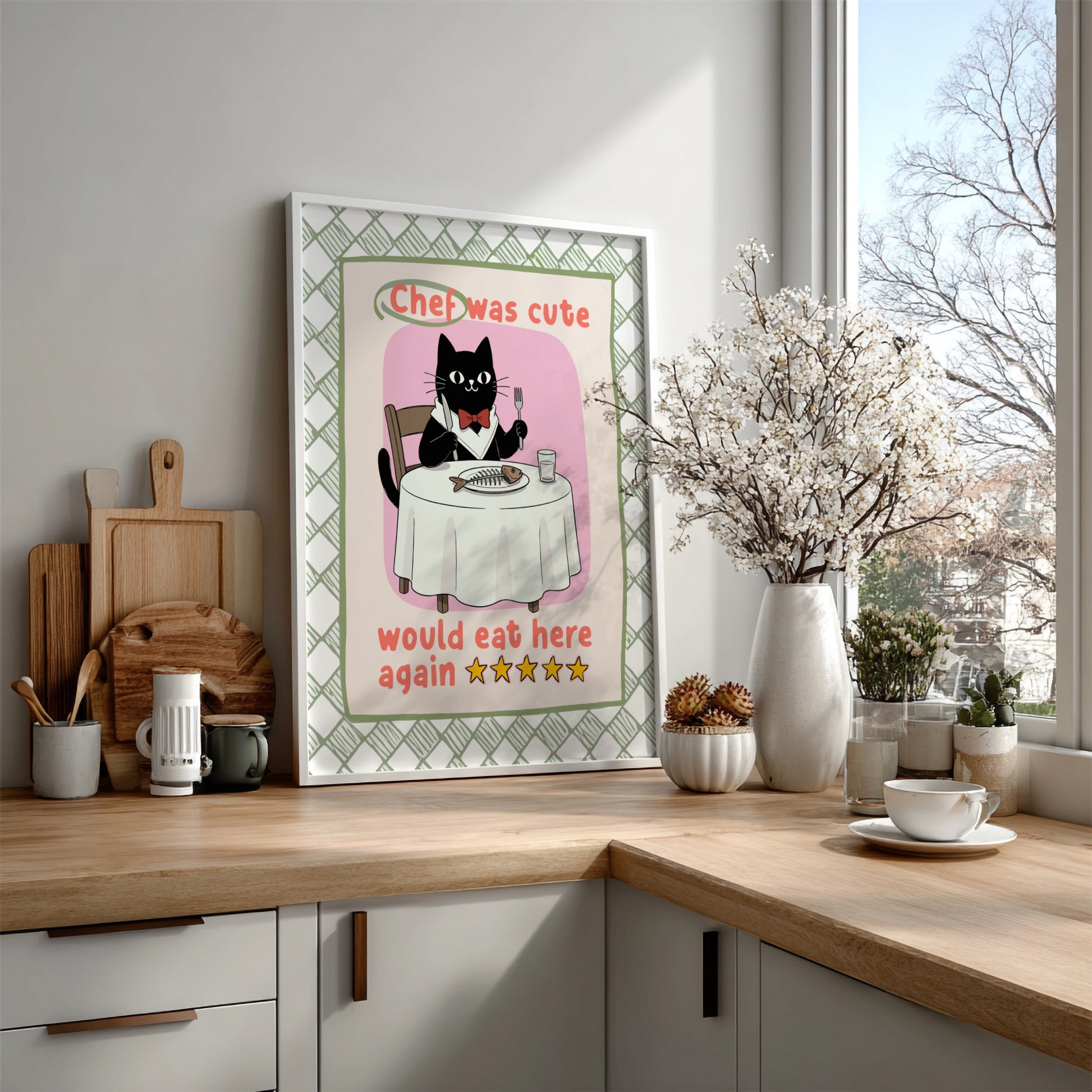 Chef Was Cute Poster - Black Cat in Chef Hat Wall Art Print