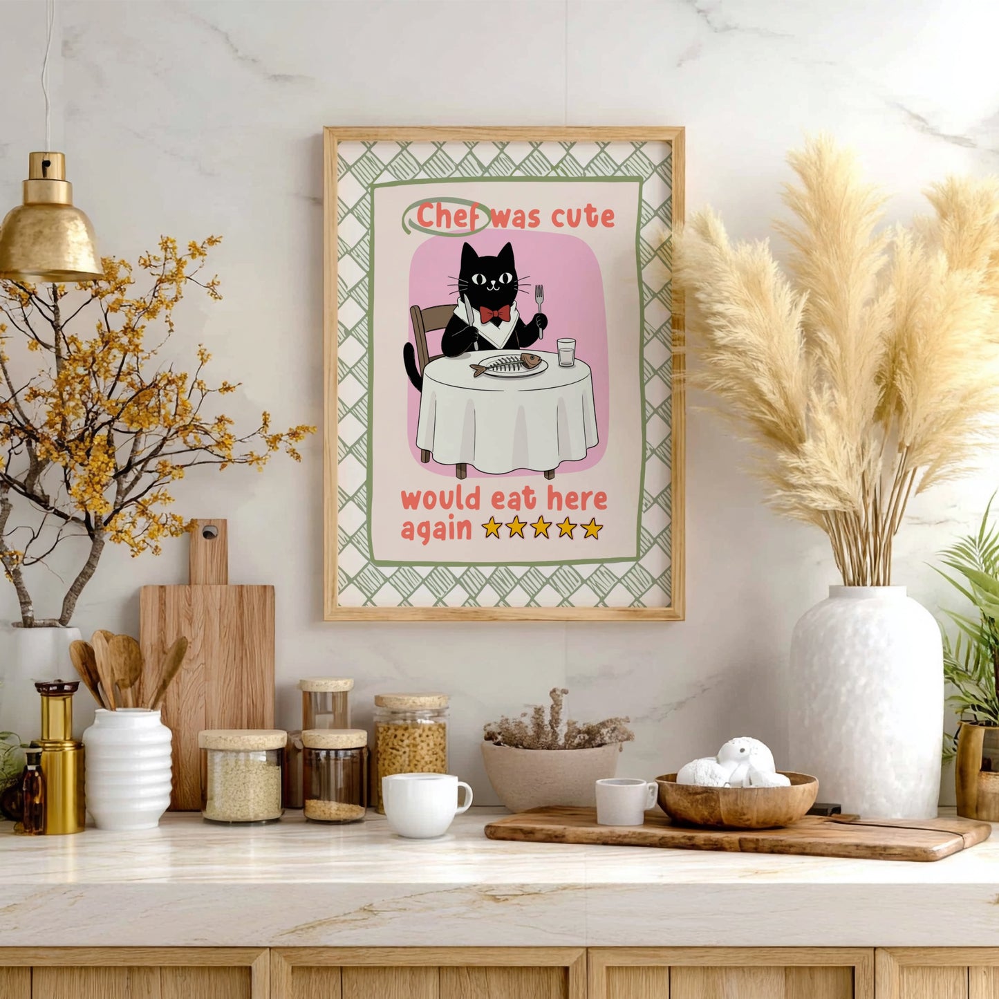 Chef Was Cute Poster - Black Cat in Chef Hat Wall Art Print