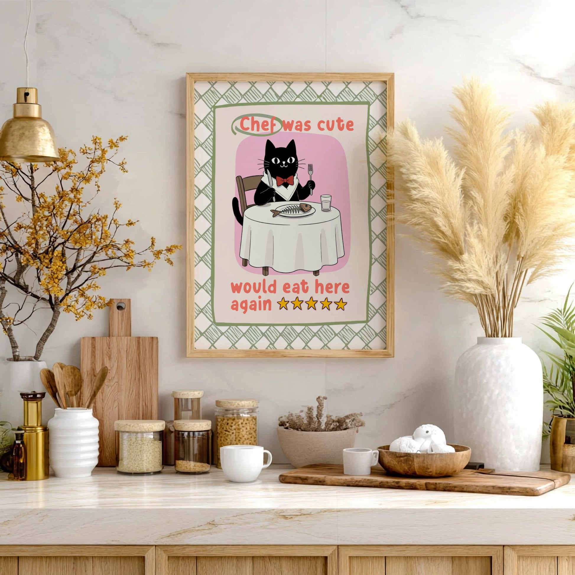 Chef Was Cute Poster - Black Cat in Chef Hat Wall Art Print