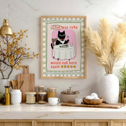 Chef Was Cute Poster - Black Cat in Chef Hat Wall Art Print