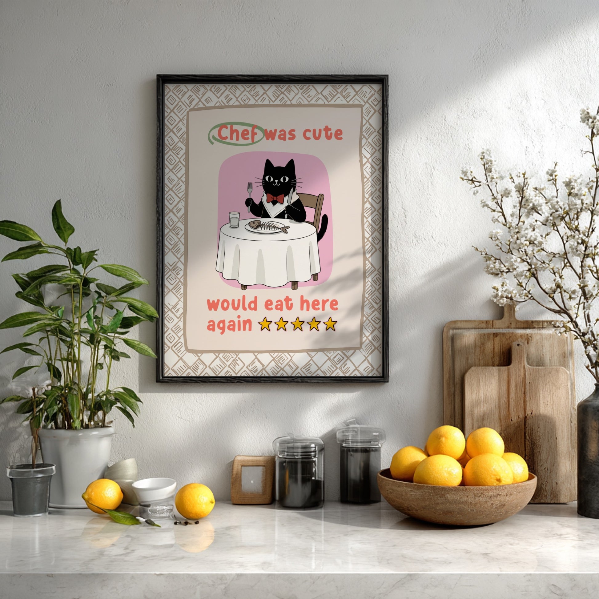 Chef Was Cute Poster - Adorable Black Cat Chef Wall Art Print