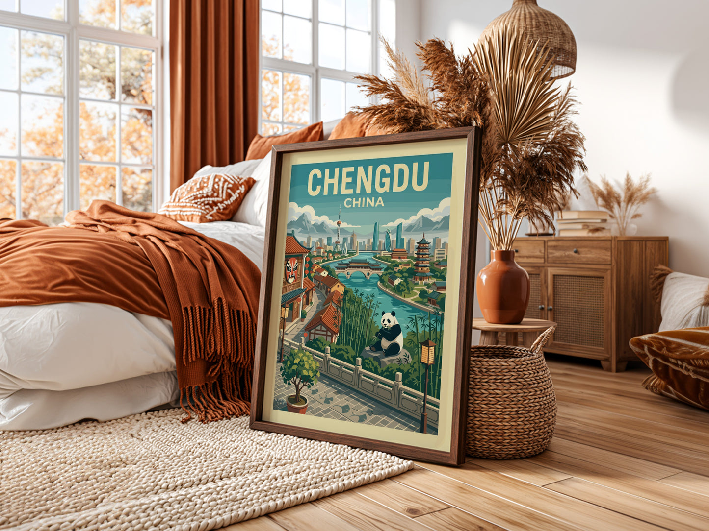 Chengdu China travel poster with panda and city landmarks in a retro style.