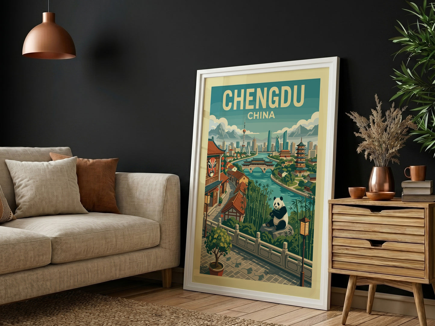 Chengdu China travel poster with panda and city landmarks in a retro style.