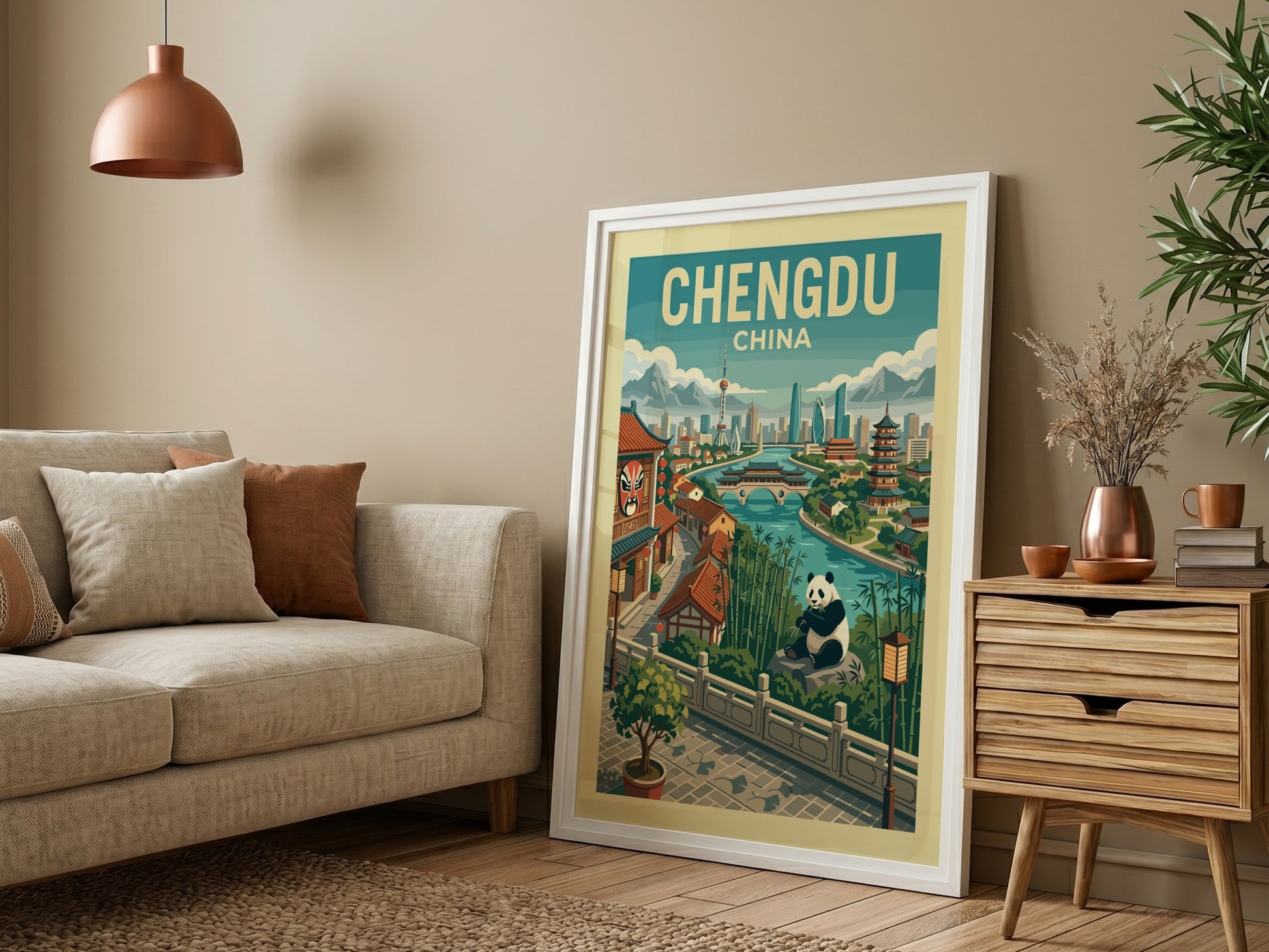 Chengdu China travel poster with panda and city landmarks in a retro style.