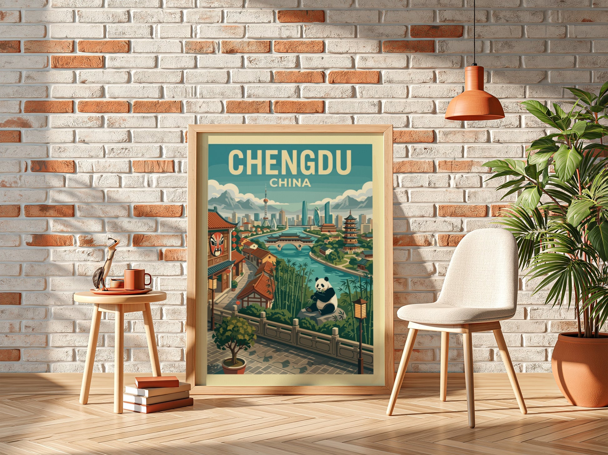 Chengdu China travel poster with panda and city landmarks in a retro style.