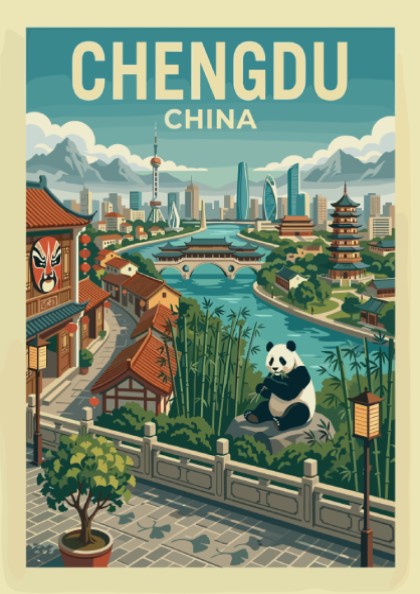 Chengdu China travel poster with panda and city landmarks in a retro style.