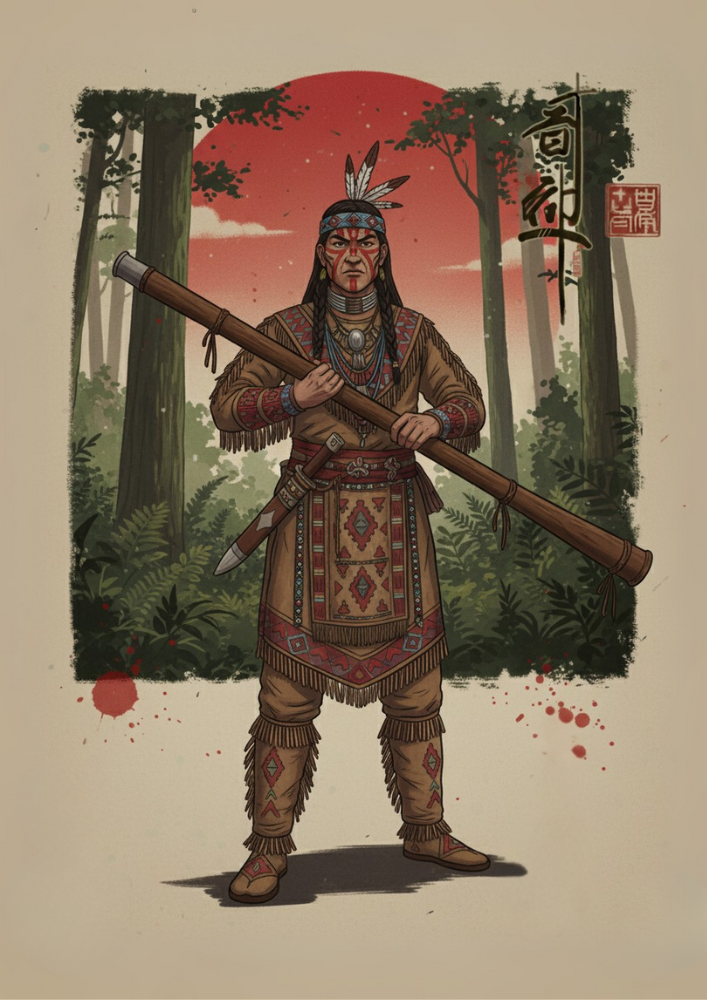 Illustration of a Cherokee warrior in traditional attire holding a weapon in a forest setting