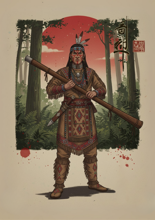 Illustration of a Cherokee warrior in traditional attire holding a weapon in a forest setting