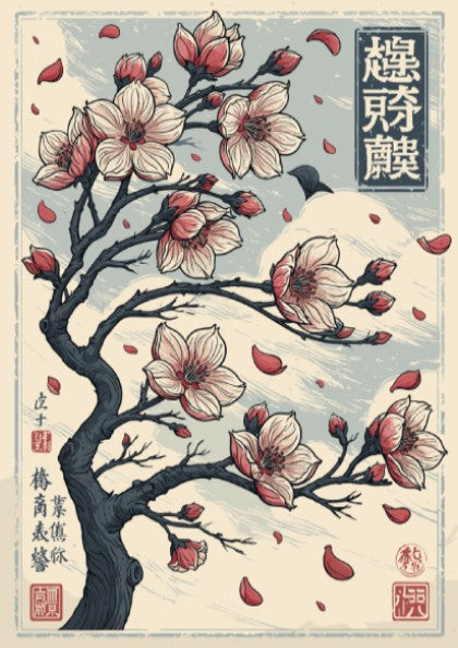 Japanese art style poster featuring a cherry blossom tree with pink and white flowers and falling petals.