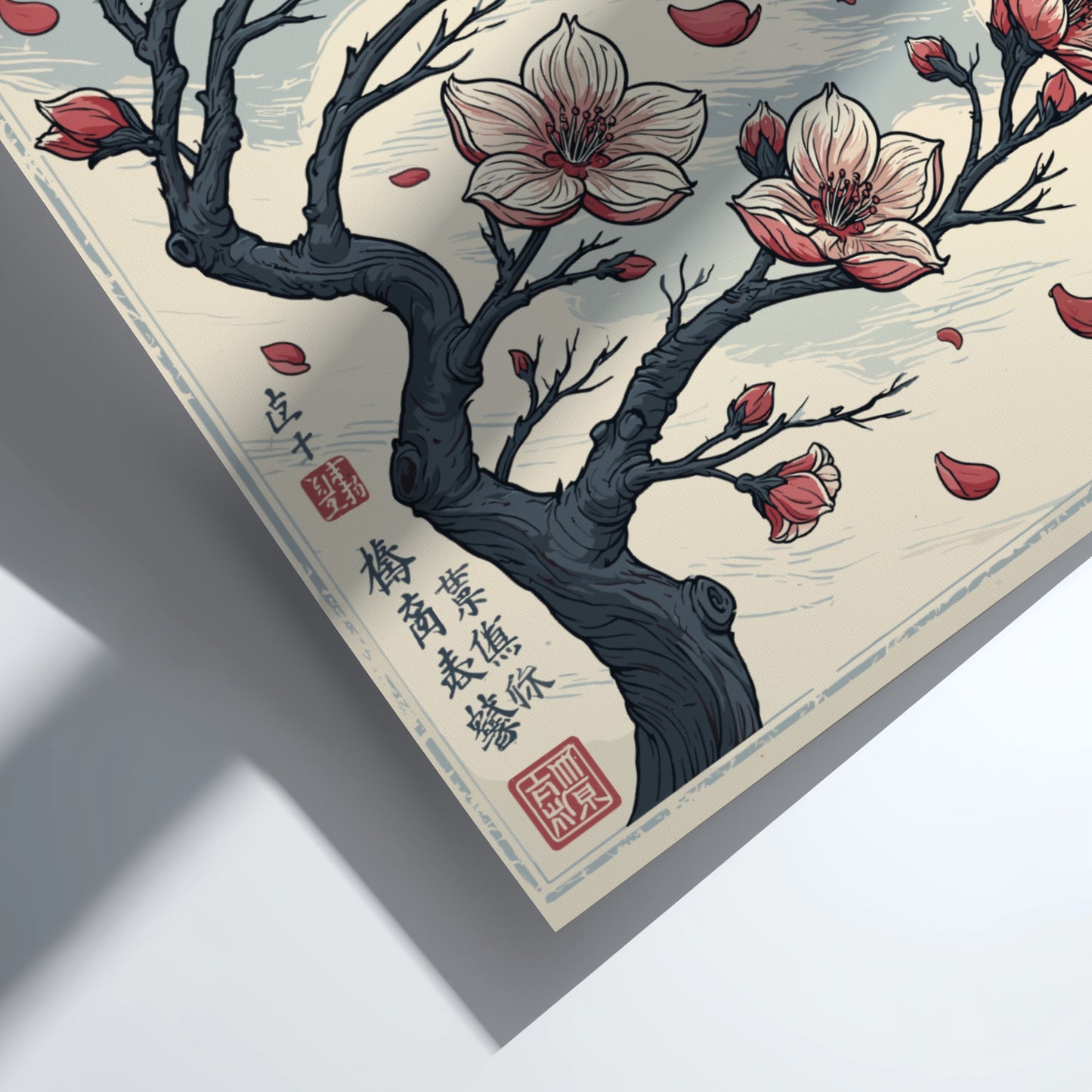 Japanese art style poster featuring a cherry blossom tree with pink and white flowers and falling petals.