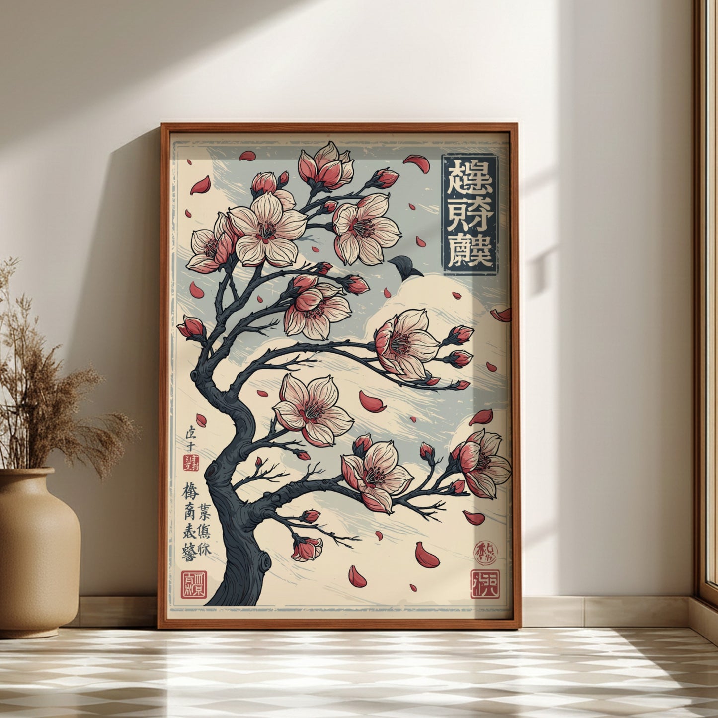 Japanese art style poster featuring a cherry blossom tree with pink and white flowers and falling petals.