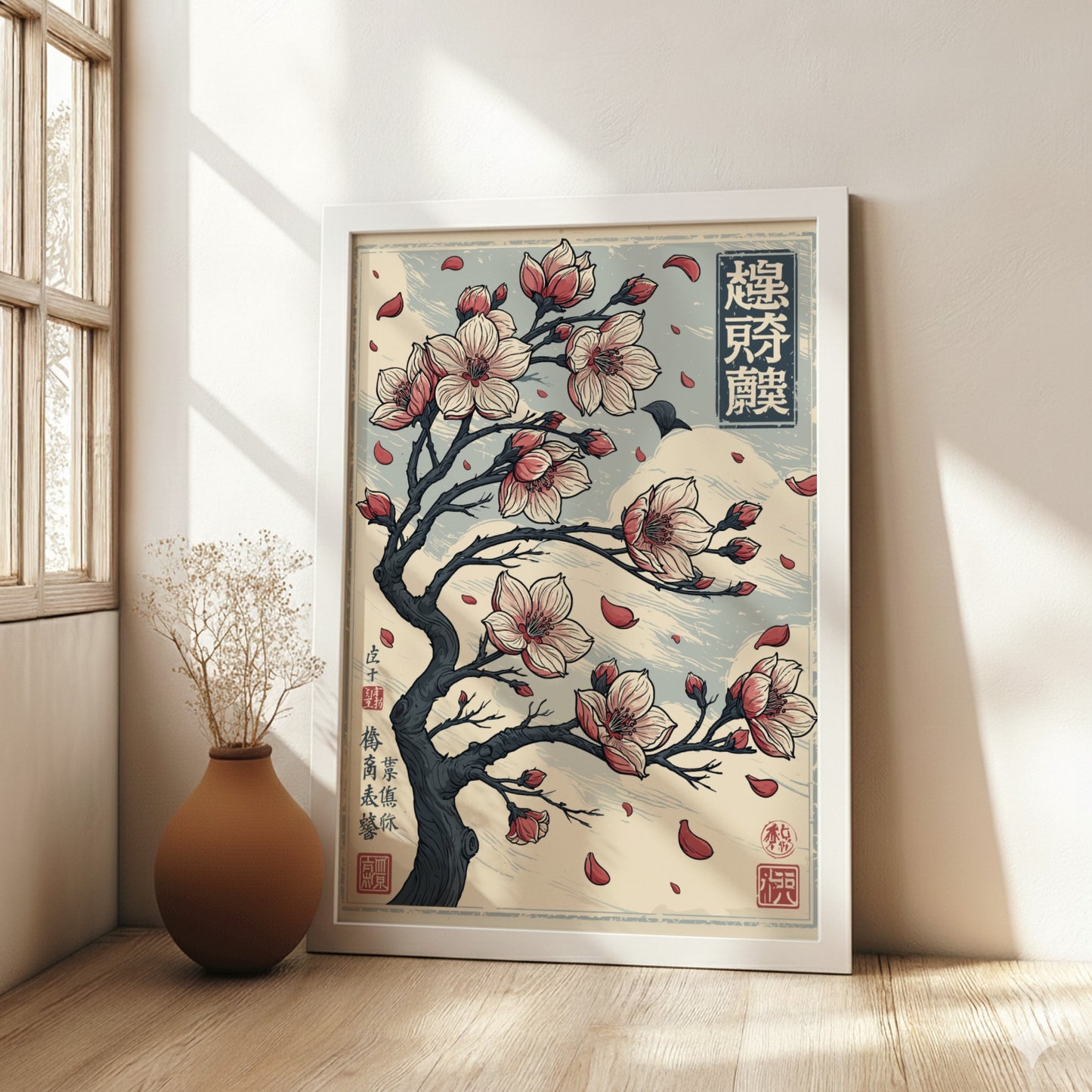 Japanese art style poster featuring a cherry blossom tree with pink and white flowers and falling petals.