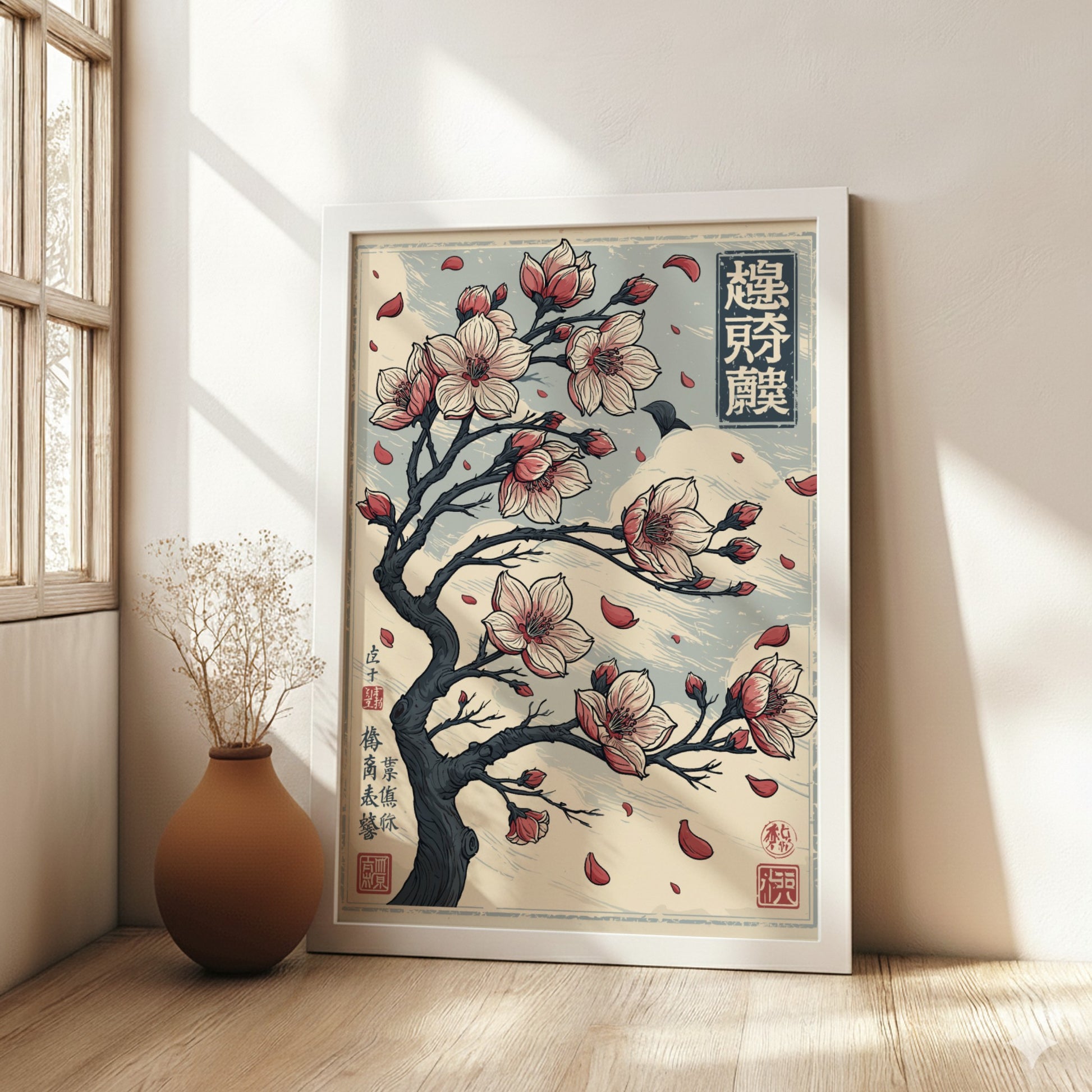 Japanese art style poster featuring a cherry blossom tree with pink and white flowers and falling petals.