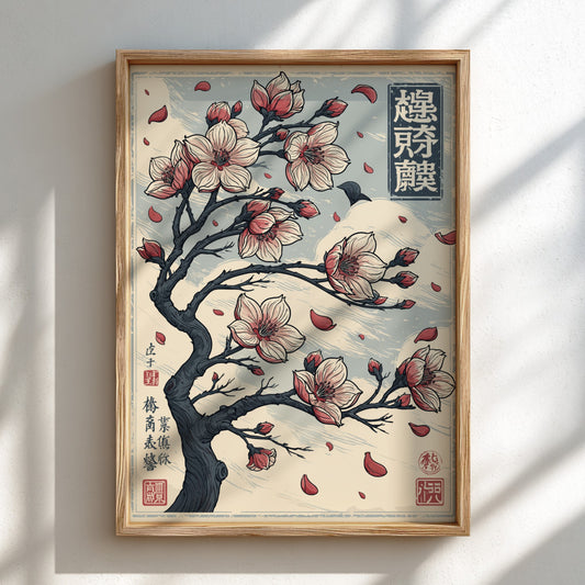 Japanese art style poster featuring a cherry blossom tree with pink and white flowers and falling petals.