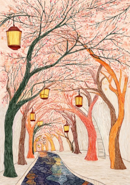 Cherry blossom tunnel poster featuring glowing lanterns and a winding path with water, illustrated in a