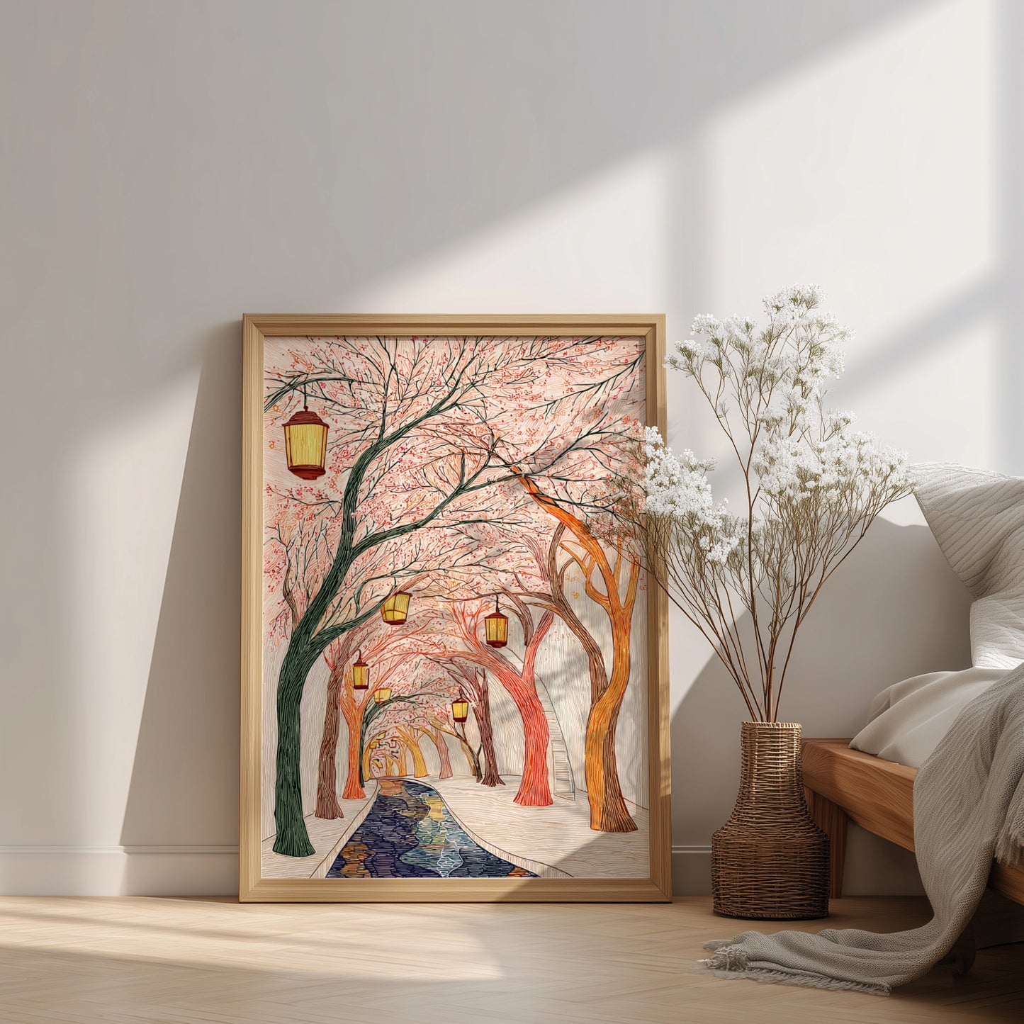 Cherry blossom tunnel poster featuring glowing lanterns and a winding path with water, illustrated in a