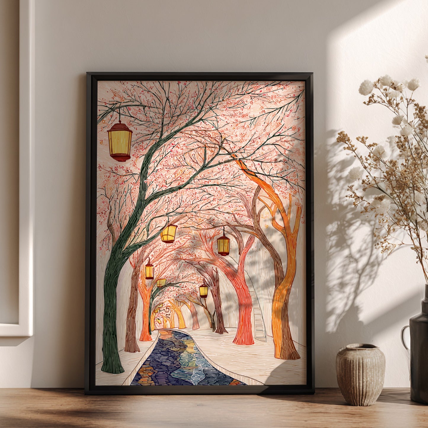 Cherry blossom tunnel poster featuring glowing lanterns and a winding path with water, illustrated in a
