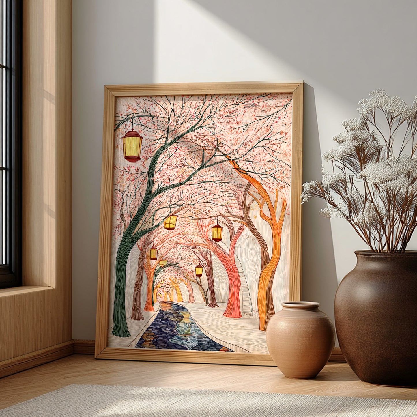 Cherry blossom tunnel poster featuring glowing lanterns and a winding path with water, illustrated in a