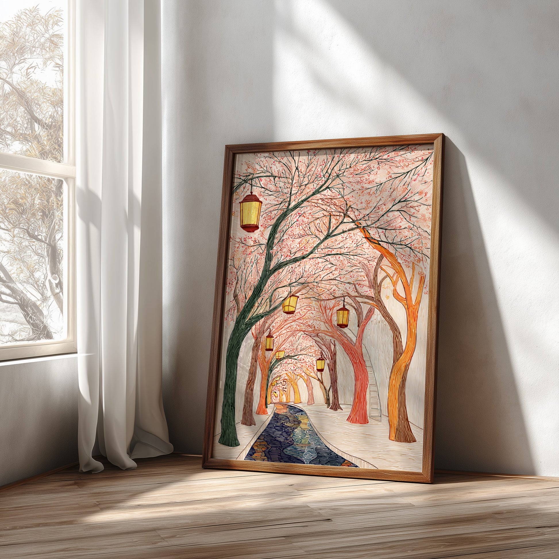 Cherry blossom tunnel poster featuring glowing lanterns and a winding path with water, illustrated in a