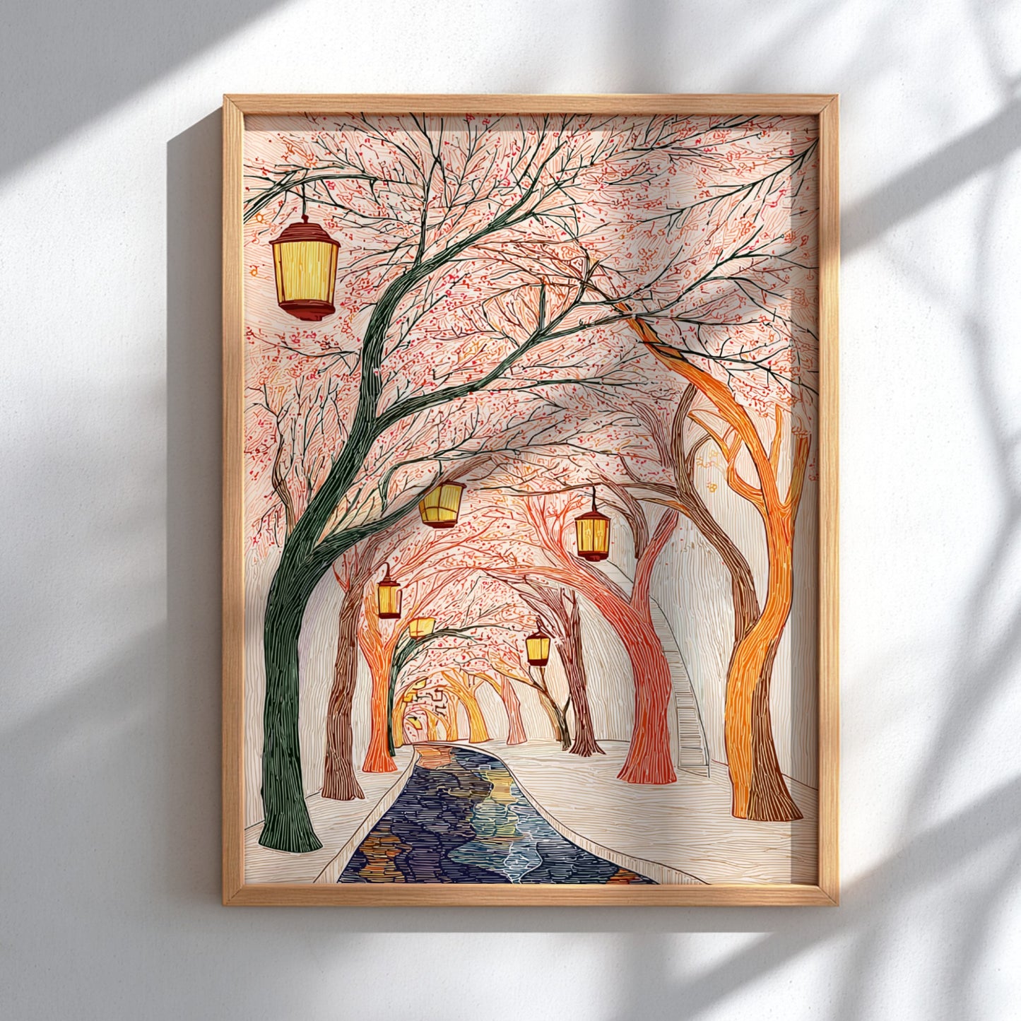 Cherry blossom tunnel poster featuring glowing lanterns and a winding path with water, illustrated in a