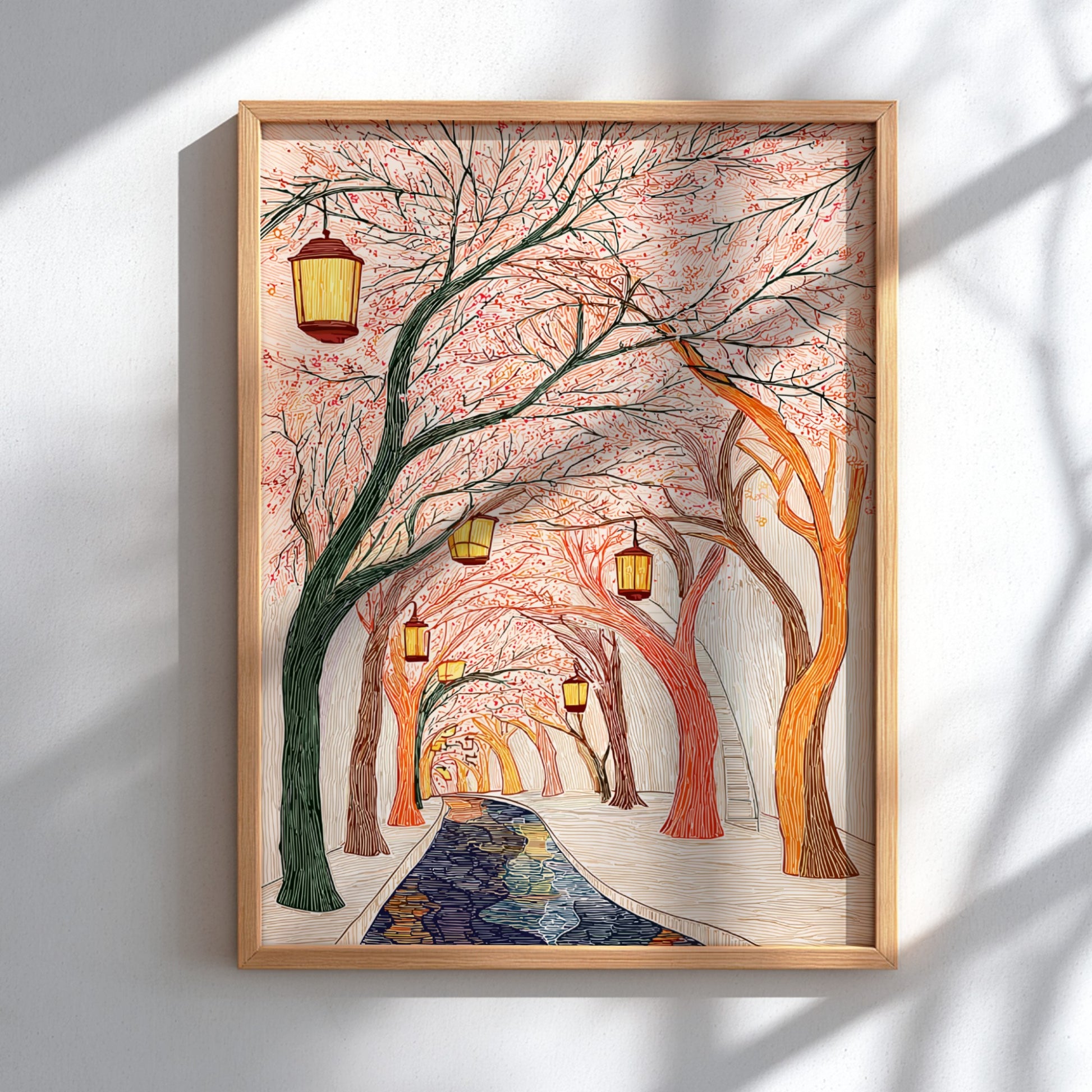Cherry blossom tunnel poster featuring glowing lanterns and a winding path with water, illustrated in a