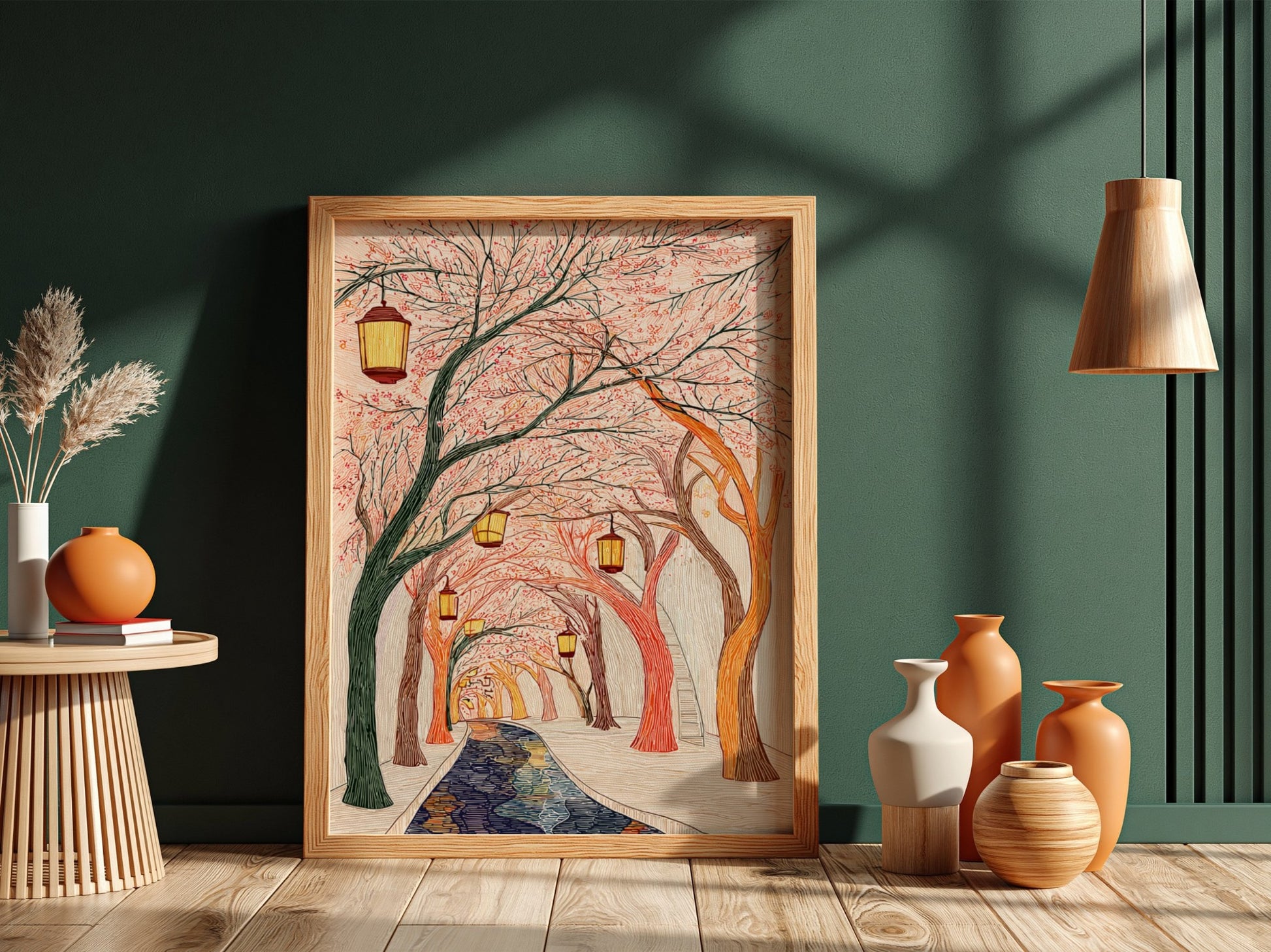 Cherry blossom tunnel poster featuring glowing lanterns and a winding path with water, illustrated in a