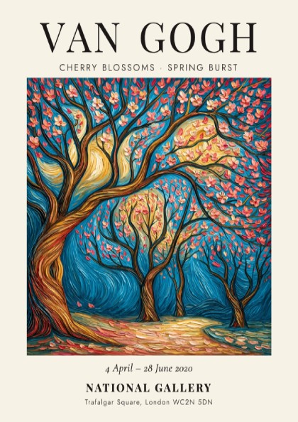 Cherry Blossoms poster featuring vibrant pink flowers and swirling branches inspired by Van Gogh's style