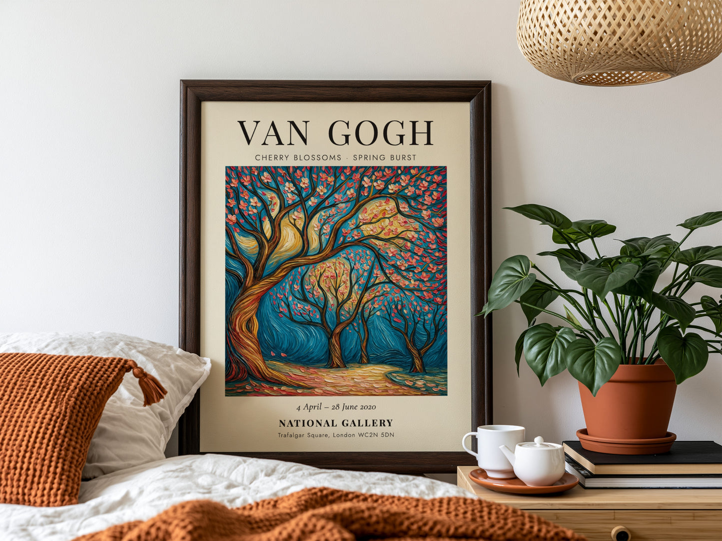 Cherry Blossoms poster featuring vibrant pink flowers and swirling branches inspired by Van Gogh's style