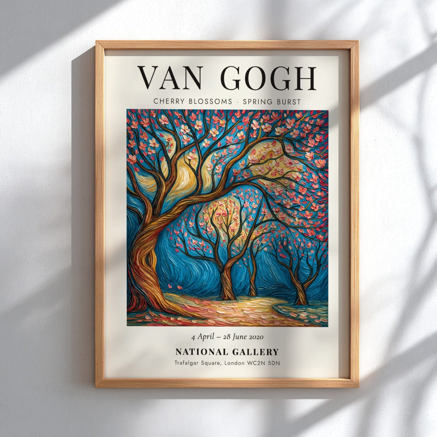 Cherry Blossoms poster featuring vibrant pink flowers and swirling branches inspired by Van Gogh's style