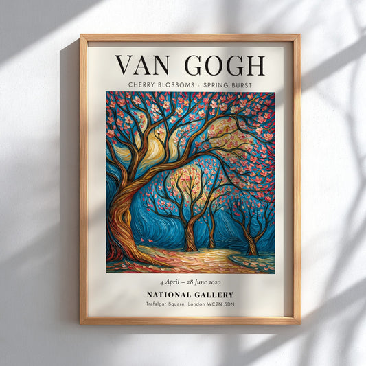 Cherry Blossoms poster featuring vibrant pink flowers and swirling branches inspired by Van Gogh's style
