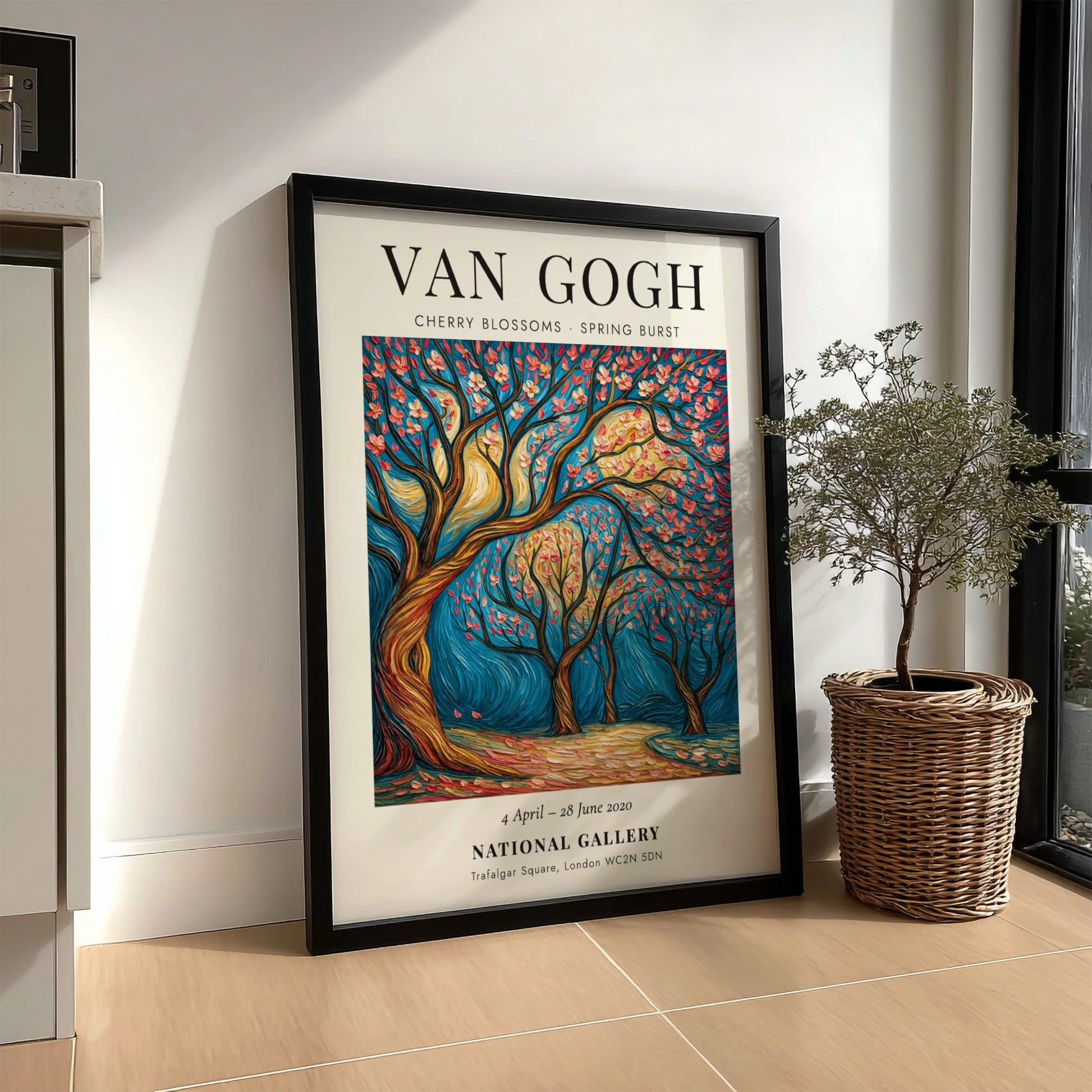 Cherry Blossoms poster featuring vibrant pink flowers and swirling branches inspired by Van Gogh's style