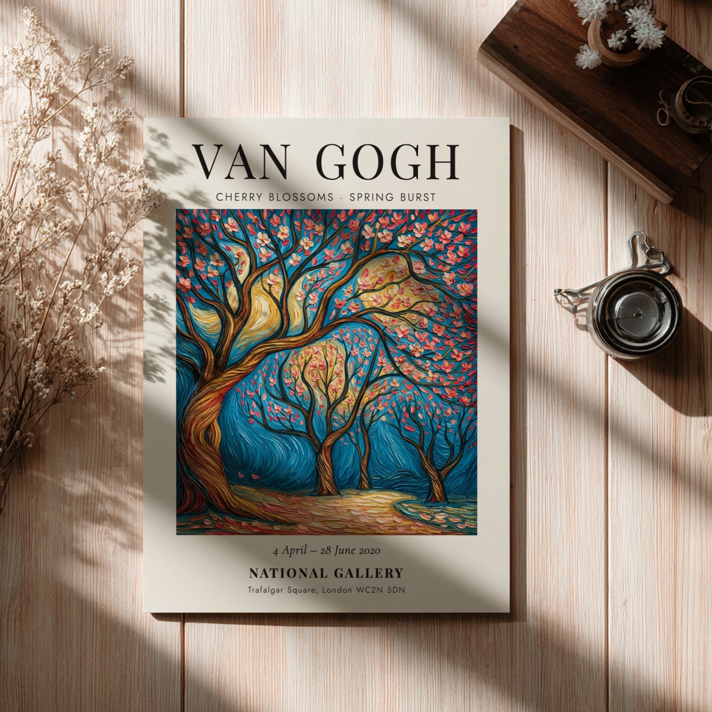 Cherry Blossoms poster featuring vibrant pink flowers and swirling branches inspired by Van Gogh's style