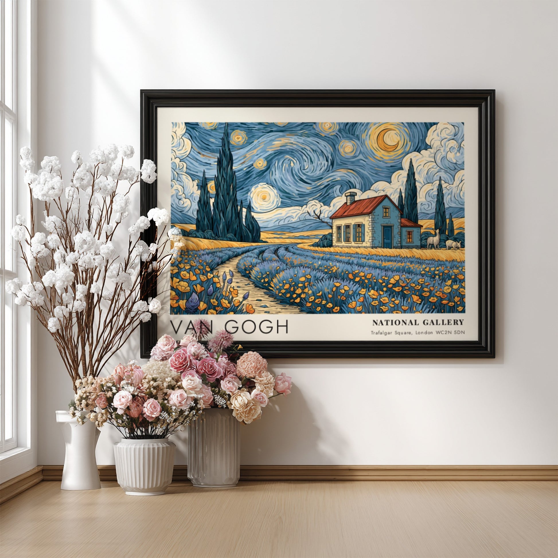 Cherry Blossoms poster showcasing vibrant pink flowers and blue sky in Van Gogh style