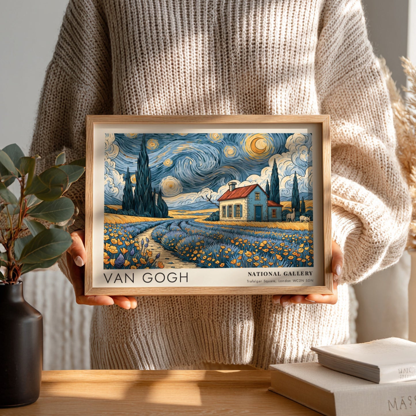 Cherry Blossoms poster showcasing vibrant pink flowers and blue sky in Van Gogh style