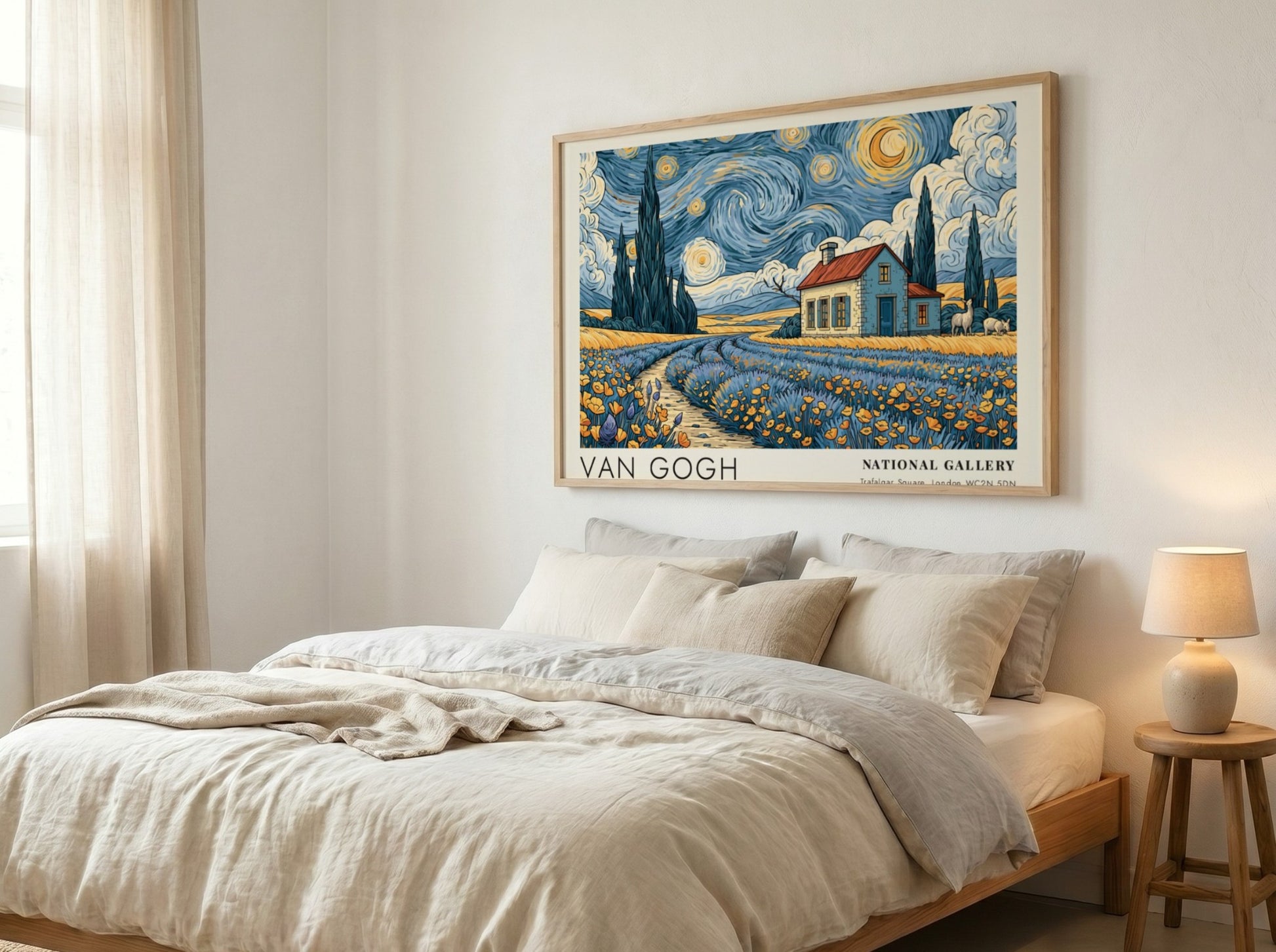 Cherry Blossoms poster showcasing vibrant pink flowers and blue sky in Van Gogh style