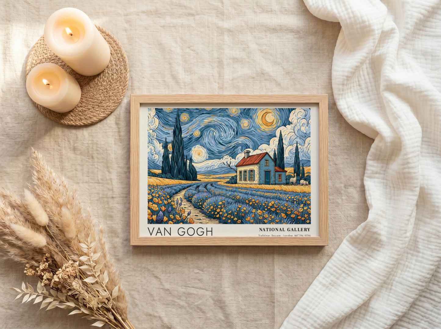 Cherry Blossoms poster showcasing vibrant pink flowers and blue sky in Van Gogh style