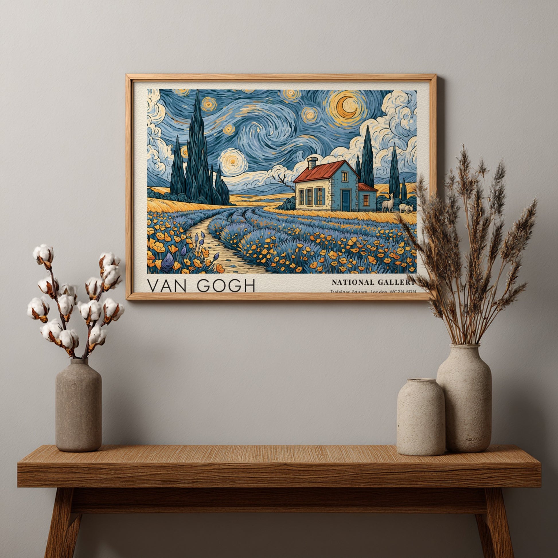 Cherry Blossoms poster showcasing vibrant pink flowers and blue sky in Van Gogh style
