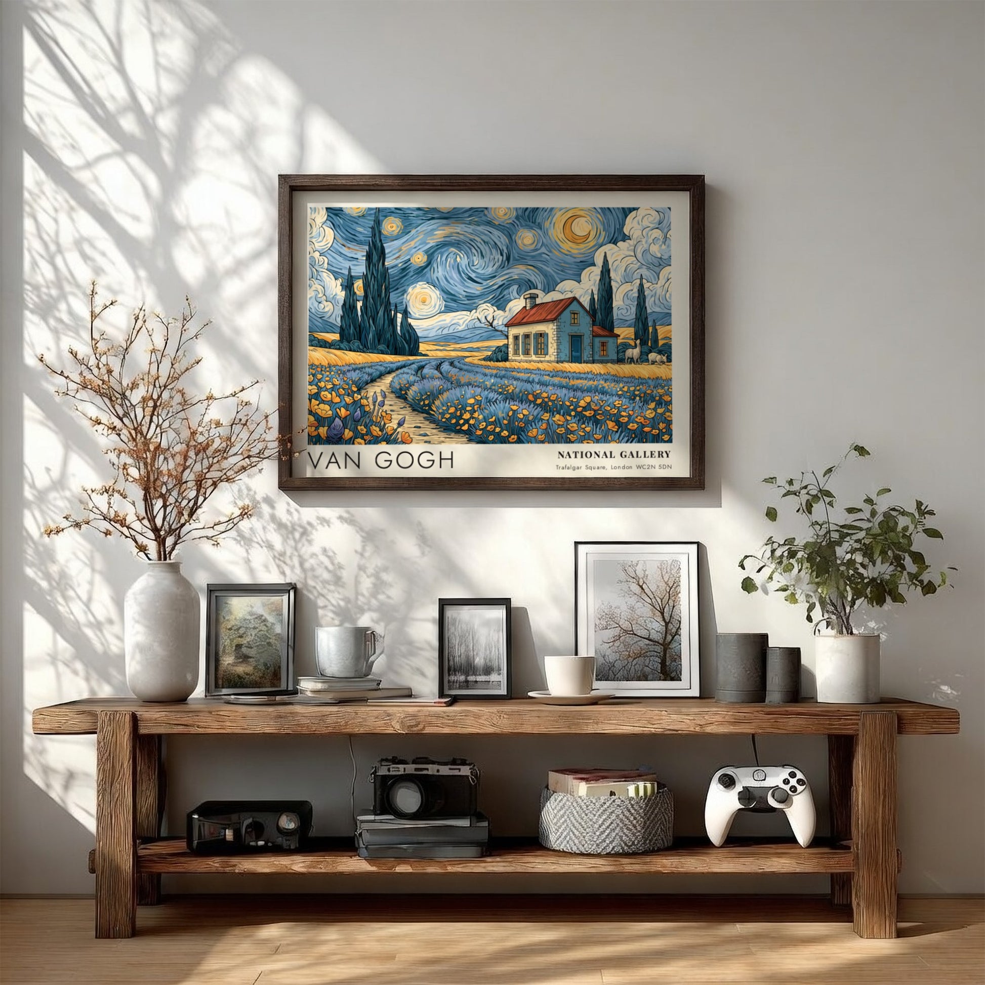 Cherry Blossoms poster showcasing vibrant pink flowers and blue sky in Van Gogh style