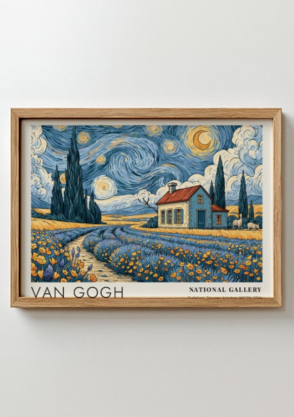 Cherry Blossoms poster showcasing vibrant pink flowers and blue sky in Van Gogh style