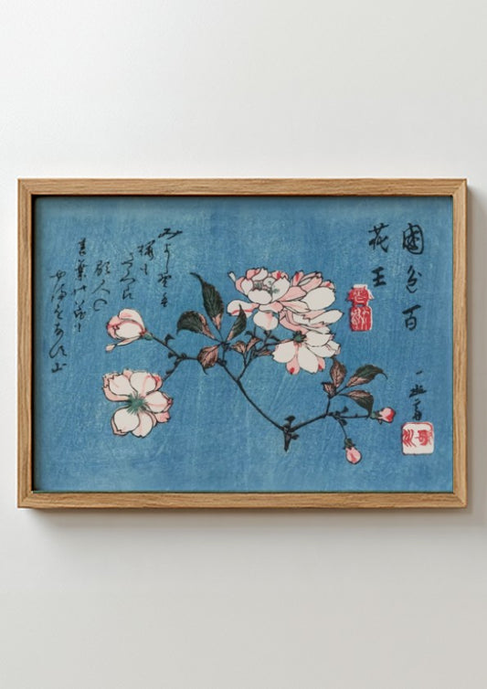 Cherry Blossoms woodblock print featuring delicate pink flowers on a blue background, floral art poster for