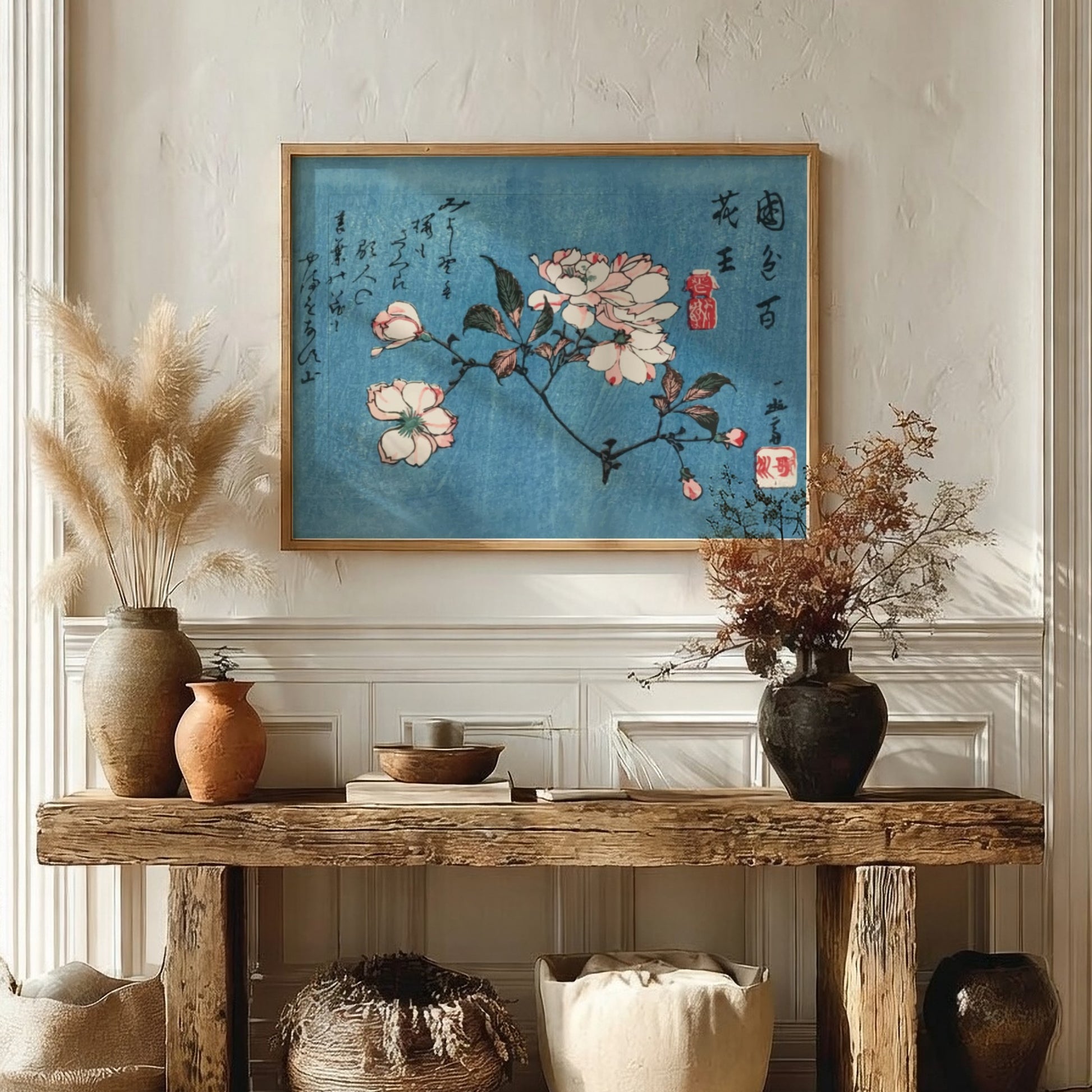 Cherry Blossoms woodblock print featuring delicate pink flowers on a blue background, floral art poster for